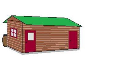 Shed with rain barrel in back