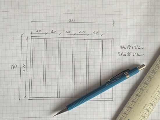 A shed wall framing drawing made with pencil and paper