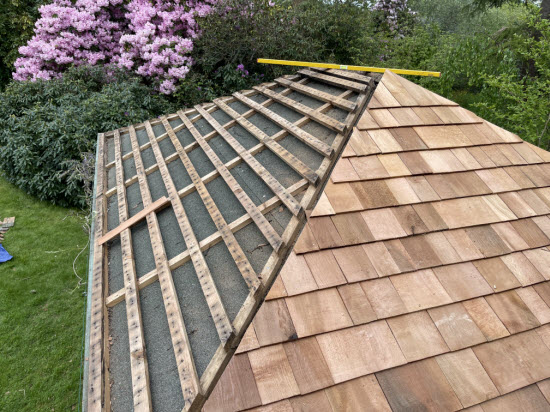 Partially complete cedar roof