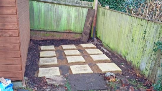 Shed foundation using concrete paving slabs