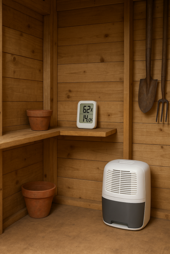 Inside of a shed with a dehumidifier in use