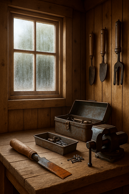 Tools rusting in a damp shed