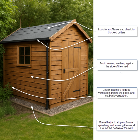 Image identifying points where damp can enter a shed