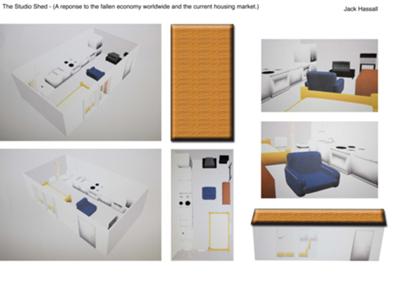 Interior and exterior of studio shed