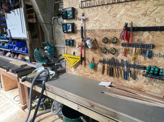 Tool shed setup with tools grouped